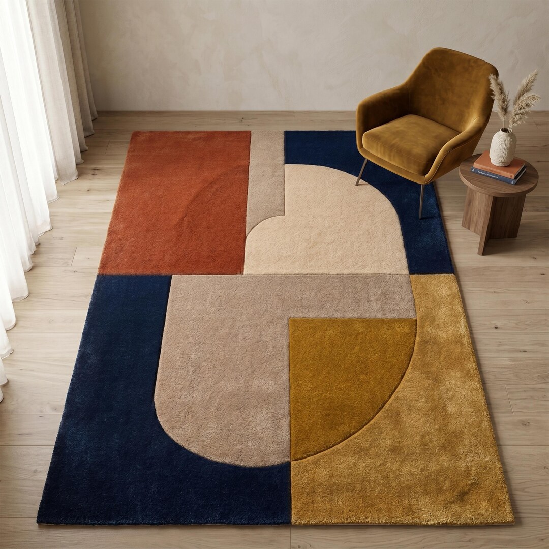 Hand Tufted Geometric Rug, Navy Blue Burnt Rust Abstract Wool Living ...
