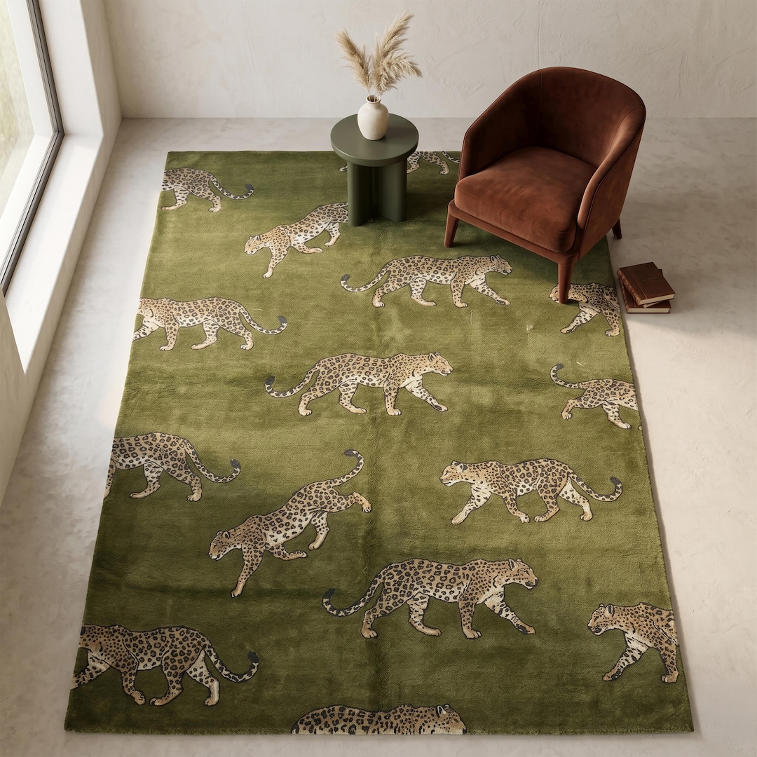Leopard Wool Rug Olive Green Leopard Wool Rug, Hand Tufted Animal Print Custom Area Rug ...