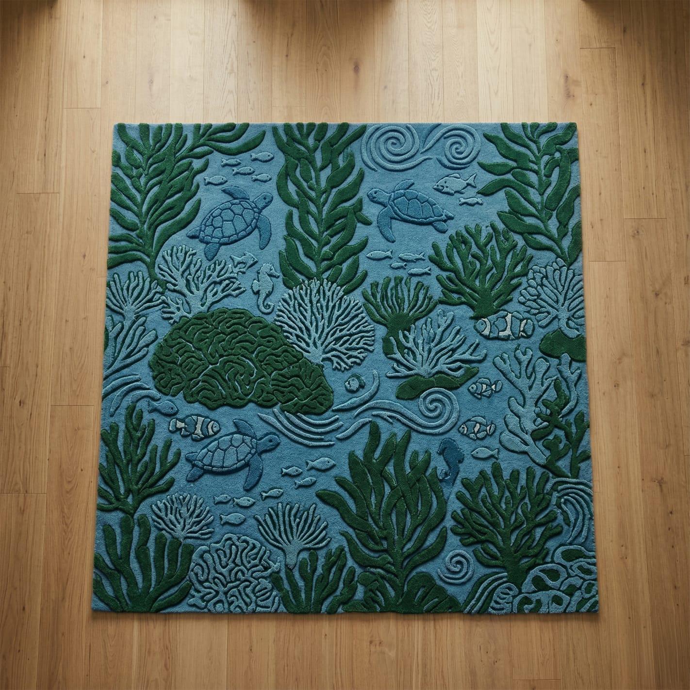 Hand Tufted Sea Life Rug, Blue Green Coral Reef Fish Turtle Wool Rug - Etsy