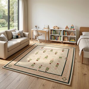 May include: A rectangular area rug featuring a cream-colored grid pattern with a repeating motif of stylized figures in green swimsuits. The rug is bordered by a dark green band and a light pink Greek key pattern on a cream background.