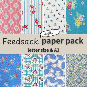 Feedsack Digital Paper Pack | 8 Vintage Fabric & Retro Floral Patterns | Printable Scrapbook Paper, Junk Journal, Collage Backgrounds