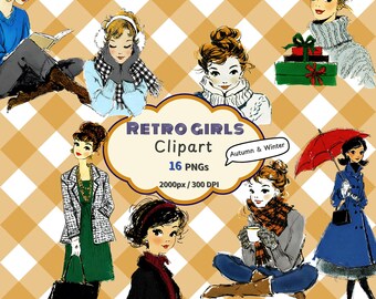 Retro Girl Jesień Zima Clipart - 16 Przytulnych Vintage Estetycznych PNG, Arkusz Naklejek do Wydruku na Jesienny Projekt Scrapbookingu