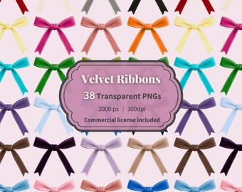 Velvet Ribbon Clipart Set, 38 PNG Bow Images, Ribbon Clipart Bundle, Scrapbook Supplies, Junk Journal Printable, Vintage Craft PNG Pack