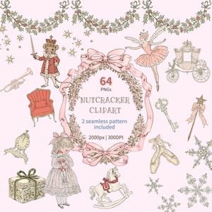 Könnte beinhalten: Eine Sammlung digitaler Illustrationen mit einem Mäusekönig, einer Ballerina, einer Kutsche, einer Uhr, einem Geschenk, einem Schaukelpferd, Ballettschuhen, einem Schlüssel, einem Zauberstab, Schneeflocken und Stechpalmen mit Text 64 PNGs NUTCRACKER CLIPART.
