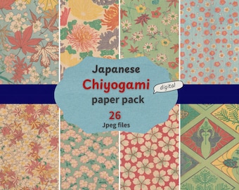 26 Antique Japanese Chiyogami Digital Paper Pack, Vintage Washi Patterns for Scrapbooking and Junk Journals