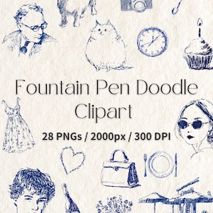 Puede incluir: Una colección de garabatos azules con pluma fuente sobre un fondo crema. Las ilustraciones incluyen un pug, un gato, una cámara, un reloj, una magdalena, un vestido, un corazón, un bolso, una botella, un ramo, un café y retratos. El texto dice "Fountain Pen Doodle Clipart".