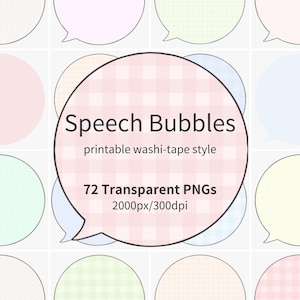 Speech Bubble Clipart PNG Set – 72 Printable Washi Tape Style Stickers | Pastel Digital Journal & Scrapbook Elements, Planner, DIY Crafts