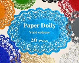 Paper Doily Clipart Set, Vivid Colours, 26 PNG Doilies, Romantic Lace Clipart, Scrapbook Supplies, Junk Journal Printable, Commercial Use
