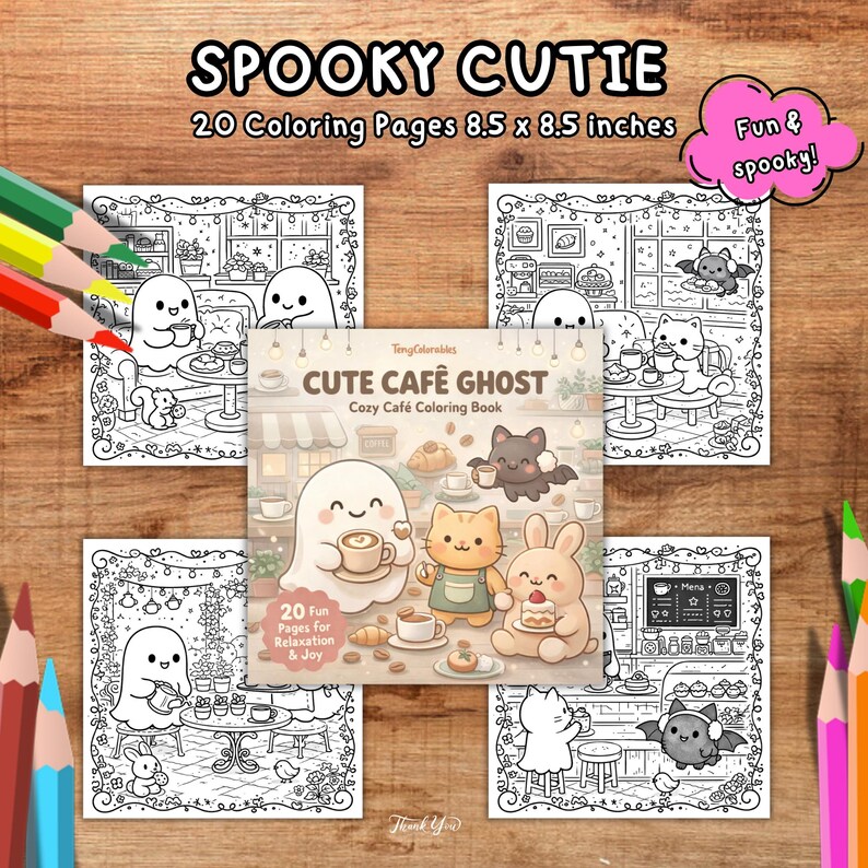May include: A "Spooky Cutie" coloring book with 20 pages, each 8.5 x 8.5 inches. The cover features a cute ghost in a cafe setting. The coloring pages have cafe-themed illustrations with ghosts, cats, and bunnies.