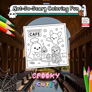 Op de afbeelding: Een zwart-wit kleurplaat met de tekst "Not-So-Scary Coloring Fun" en "Spooky Cute". De kleurplaat toont een caf&eacute;sc&egrave;ne met een spookkok, een mummie, een vleermuis en een tafel met drankjes en desserts. Kleurpotloden staan in de hoeken.