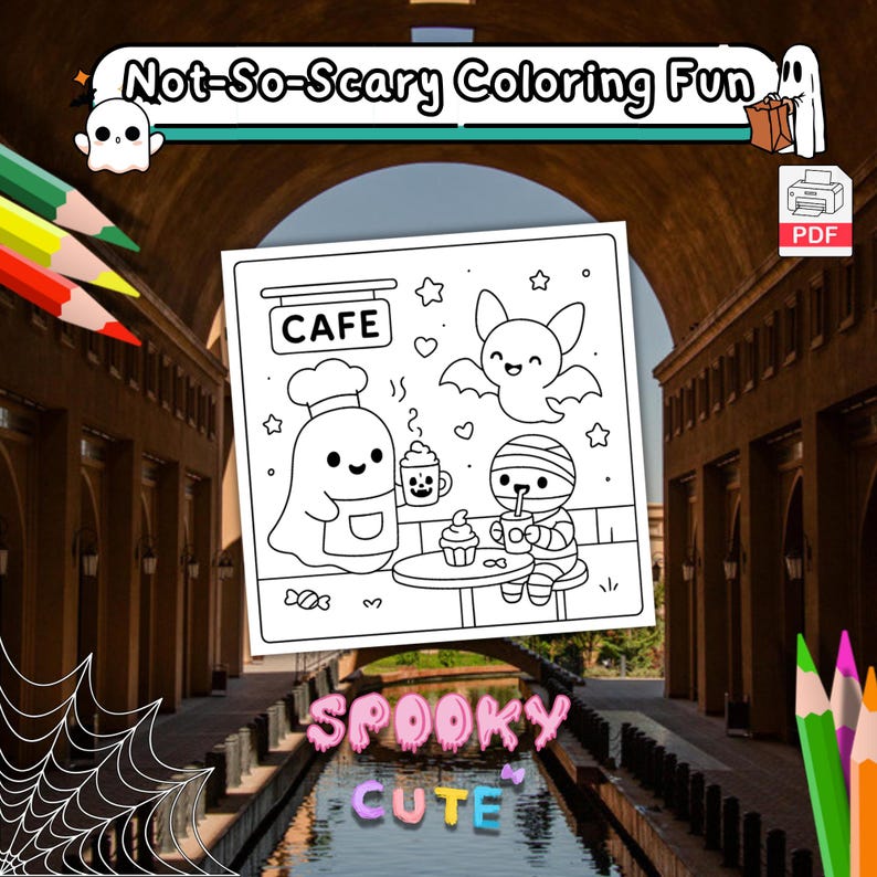 Op de afbeelding: Een zwart-wit kleurplaat met de tekst "Not-So-Scary Coloring Fun" en "Spooky Cute". De kleurplaat toont een caf&eacute;sc&egrave;ne met een spookkok, een mummie, een vleermuis en een tafel met drankjes en desserts. Kleurpotloden staan in de hoeken.