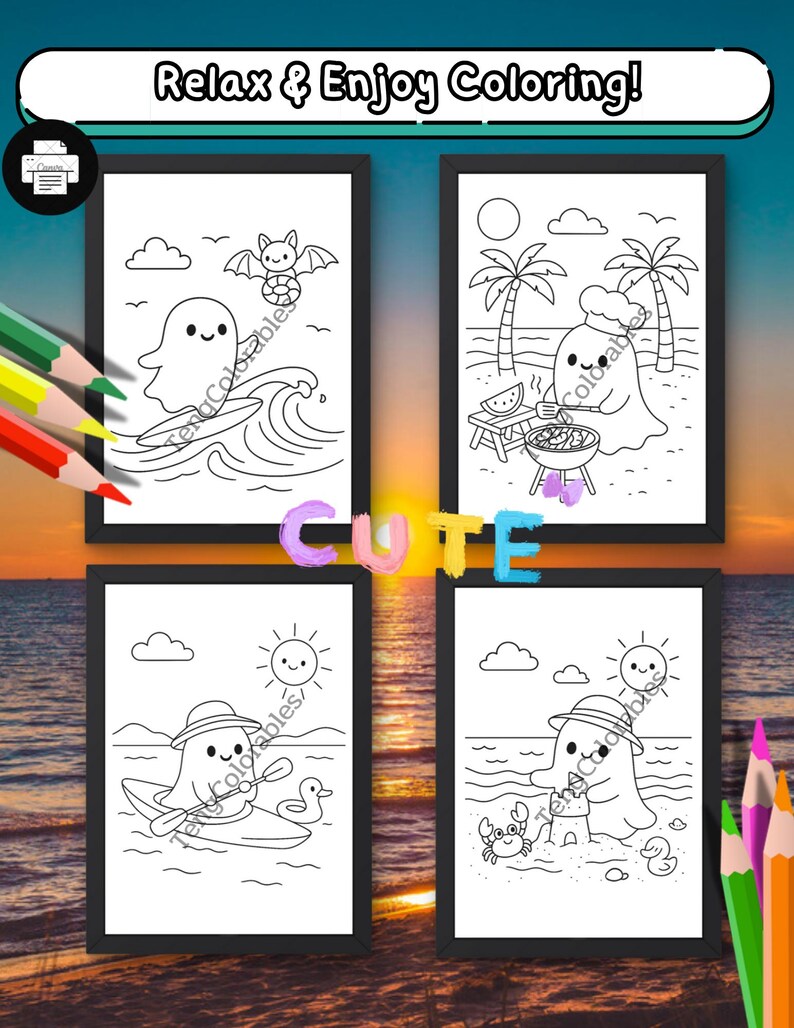 Summer Ghost Adventures Coloring Pages | 20 Cute Kawaii Ghost Summer ...