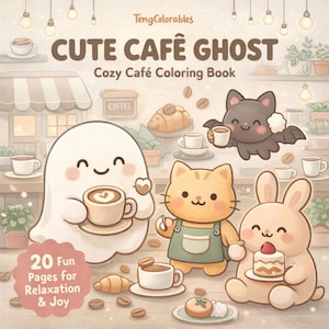 May include: A coloring book cover titled "Cute Caf&eacute; Ghost" with illustrations of a ghost, cat, bunny, and bat, all holding coffee cups. The cover also features a cafe scene, coffee beans, and the text "20 Fun Pages for Relaxation & Joy."
