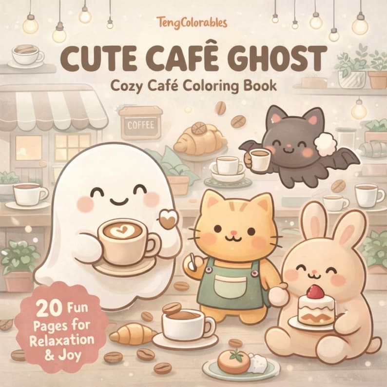 May include: A coloring book cover titled "Cute Caf&eacute; Ghost" with illustrations of a ghost, cat, bunny, and bat, all holding coffee cups. The cover also features a cafe scene, coffee beans, and the text "20 Fun Pages for Relaxation & Joy."