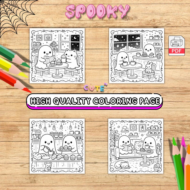 May include: Four black and white coloring pages with a spooky theme. Each page features cute ghost characters in various cafe settings, with the words "SPOOKY", "CUTE", and "HIGH QUALITY COLORING PAGE" displayed.