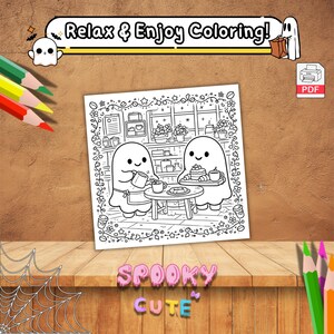 May include: A black and white coloring page featuring two ghost characters in a cafe setting, with the text "Relax & Enjoy Coloring!" and "Spooky Cute". The image includes a PDF icon and colored pencils.