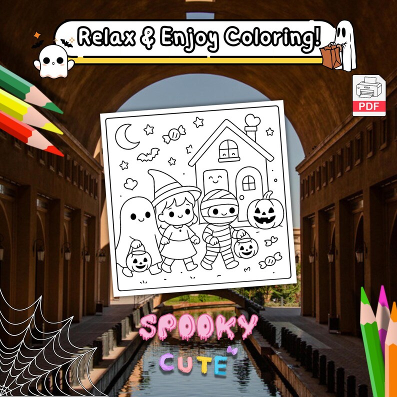 Op de afbeelding: Een zwart-wit Halloween kleurplaat met de tekst "Relax & Enjoy Coloring!" en "Spooky Cute." De illustratie toont een spook, heks, mummie en pompoen. Kleurpotloden zijn zichtbaar, wat duidt op een kleuractiviteit.