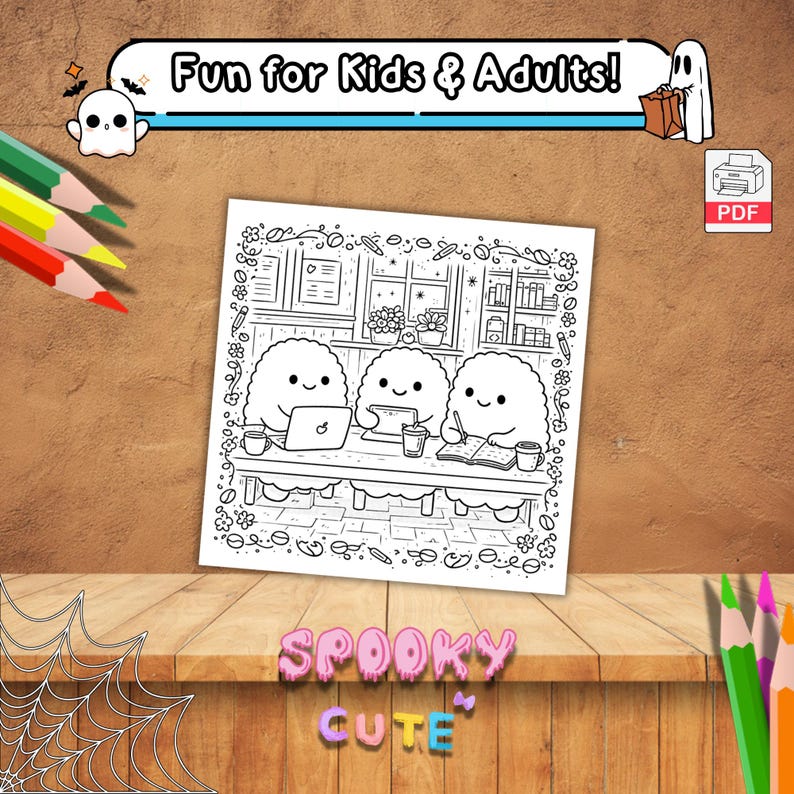 May include: Black and white coloring page featuring three ghost characters working at a table with a laptop, tablet, and notebook. The text "Fun for Kids & Adults!" and "Spooky Cute" are also visible.