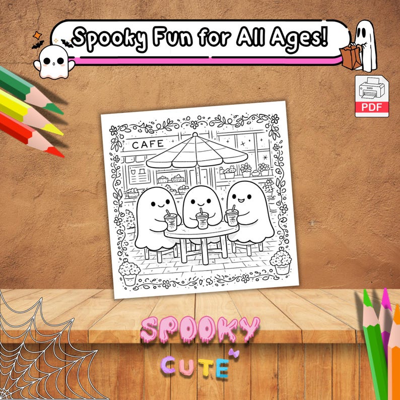 May include: Black and white line art coloring page featuring three ghost characters at a cafe, drinking beverages. The image includes the text "Spooky Fun for All Ages!" and "Spooky Cute".