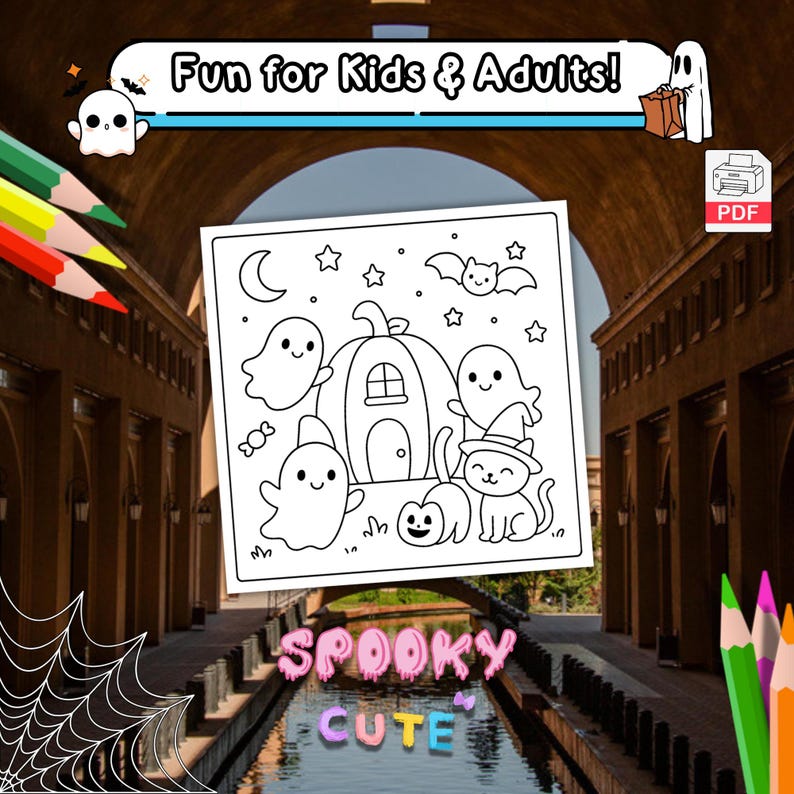 Op de afbeelding: Een zwart-wit Halloween kleurplaat met geesten, een pompoenhuis, een kat en de tekst "Fun for Kids & Adults!". Het woord "Spooky Cute" is ook zichtbaar. Kleurpotloden bevinden zich in de hoeken.