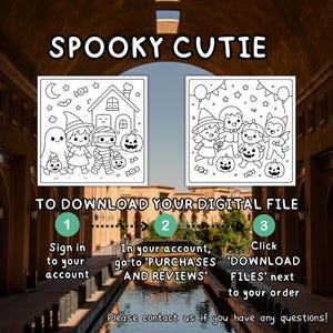 Op de afbeelding: Zwart-wit digitale print met de tekst "SPOOKY CUTIE". De afbeelding toont twee Halloween-thema illustraties. E&eacute;n toont een spook, heks, mummie en pompoen. De andere toont kinderen in kostuums. Instructies voor het downloaden van het bestand zijn ook opgenomen.