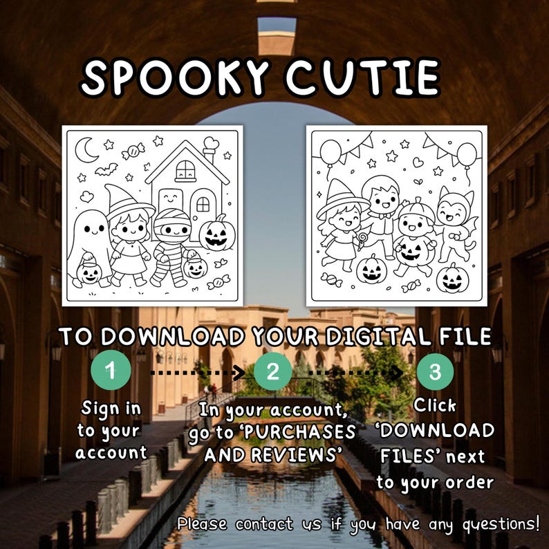 Op de afbeelding: Zwart-wit digitale print met de tekst "SPOOKY CUTIE". De afbeelding toont twee Halloween-thema illustraties. E&eacute;n toont een spook, heks, mummie en pompoen. De andere toont kinderen in kostuums. Instructies voor het downloaden van het bestand zijn ook opgenomen.