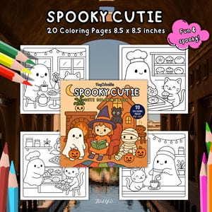 Op de afbeelding: Een "Spooky Cutie" kleurboek met 20 pagina's van 21,6 x 21,6 cm. De omslag toont een heks, een zwarte kat en een spook. De afbeelding bevat verschillende zwart-wit kleurplaten met schattige Halloween-thema illustraties.