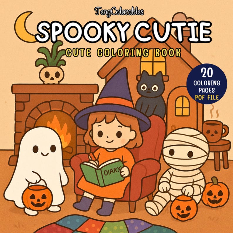 Op de afbeelding: Omslag van een digitaal kleurboek getiteld "Spooky Cutie" met een schattig Halloween-thema. De illustratie toont een heks, een spook, een mummie, een zwarte kat, pompoenen en een gezellige open haard. Het boek bevat 20 kleurplaten in PDF-formaat.