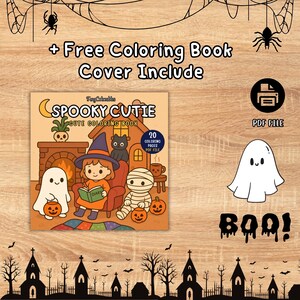 Op de afbeelding: Een kleurboekcover met de titel "Spooky Cutie" met een Halloween-thema. De illustratie toont een heks, een spook en een mummie. De tekst luidt "+ Free Coloring Book Cover Include" en "20 Coloring Pages PDF File".