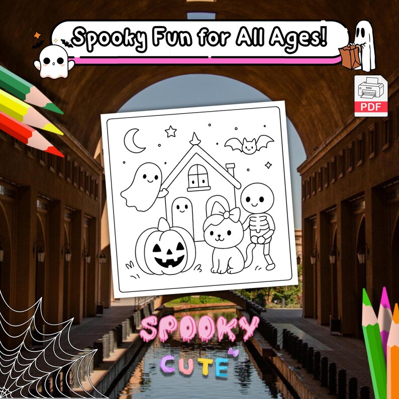 Op de afbeelding: Een zwart-wit Halloween kleurplaat met een huis, pompoen, spook, kat, skelet en vleermuis. De tekst "Spooky Fun for All Ages!" staat bovenaan en "Spooky Cute" onderaan. Kleurpotloden staan in de hoeken.