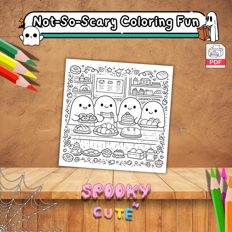May include: A black and white coloring page with the text "Not-So-Scary Coloring Fun" and "Spooky Cute". The coloring page features four ghost characters behind a bakery counter with various baked goods.