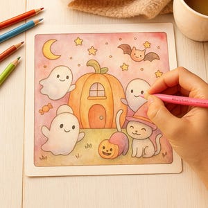 Op de afbeelding: Een kleurrijke Halloween-illustratie met een pompoenhuis, geesten, een kat met een heksenhoed en een vleermuis. Het kunstwerk wordt ingekleurd met een roze kleurpotlood. De afbeelding heeft een grillige en feestelijke uitstraling.