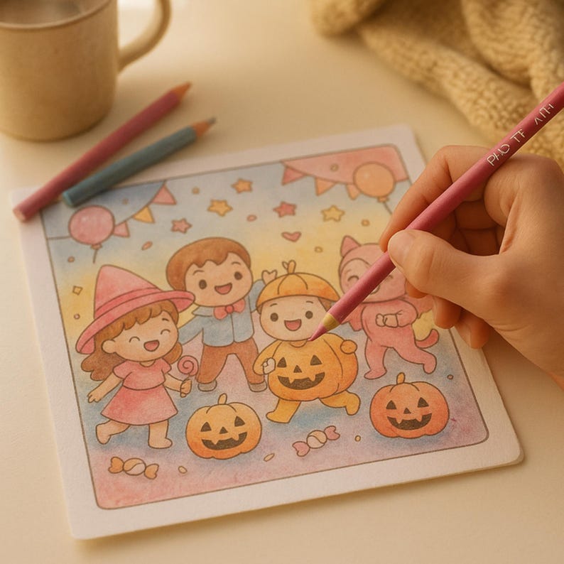 Op de afbeelding: Een Halloween-kleurplaat met stripfiguren in kostuums, waaronder een heks, een pompoen en een kat. De afbeelding wordt gekleurd met een roze potlood. Andere kleurpotloden en een mok staan op de achtergrond.