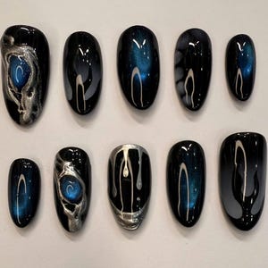 Black Freestyle Press On Nails |Hand Painted Fake Nails | Aura Nails, Black | Prom, Event, Birthday Nails | Goth, Gothic, Y2K