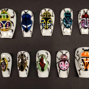 3D Beetle Press On Nails: Hand-Painted Gel Bug Nail Art Set