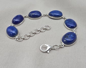 Natural Oval Lapis Lazuli Silver Plated Link Bracelet, Lobster Clasp (Daily Wear)