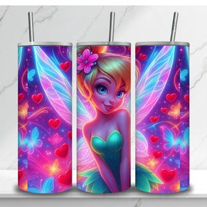 3D Tinkerbell Neon Colorful Tumbler Wrap, Princess Tumbler Wrap Sublimation Design PNG, 20oz Skinny Straight & Tapered Fairy Tumbler Wrap