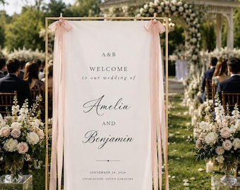 Custom Wedding Welcome Sign, Elegant Linen Fabric Banner with Personalized Names & Romantic Ceremony Decor