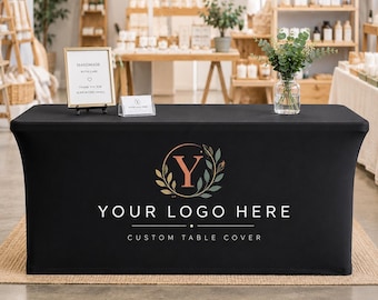Custom Logo Table Cover, Branded Stretch Spandex Fitted Tablecloth for Vendor Booth, Trade Show Display, Business Event Table Cover 4ft 6ft