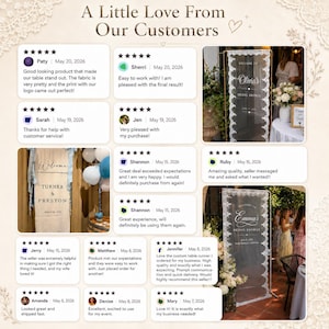May include: A collage of customer reviews titled A Little Love From Our Customers, featuring five-star ratings, text testimonials, and two photographs of vertical welcome banners with white lace trim and custom text for bridal showers.