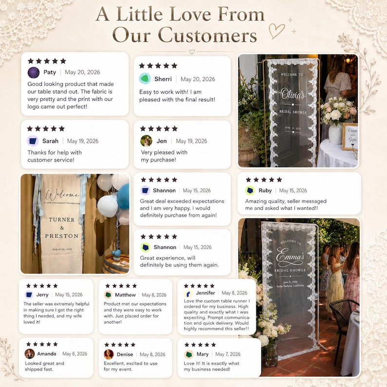 May include: A collage of customer reviews titled A Little Love From Our Customers, featuring five-star ratings, text testimonials, and two photographs of vertical welcome banners with white lace trim and custom text for bridal showers.