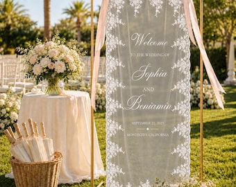 Custom Sheer Lace Wedding Welcome Sign, Personalized Fabric Ceremony Banner, Romantic Outdoor Wedding Decor, Elegant Reception Sign