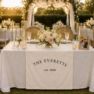 Custom Wedding Table Runner Linen, Personalized Last Name Banner, Family Name Sweetheart Table Decor, Elegant Wedding Reception Sign