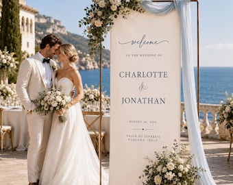 Personalized Linen Wedding Welcome Sign, Custom Fabric Wedding Banner for Ceremony Backdrop, Outdoor Reception Decor & Bridal Shower