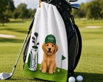 Custom Pet Golf Towel with Photo & Pet Name, Personalized Dog Cat Face Golf Towel, Dog Dad Gift, Cat Dad Gift for Dad Boyfriend Golfer