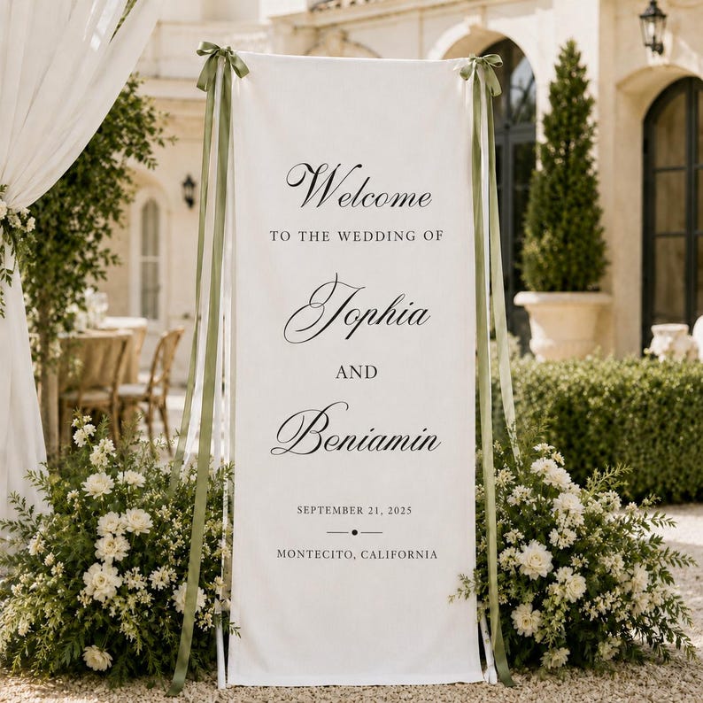 May include: A tall, rectangular white fabric wedding welcome sign featuring black serif and script text that reads Welcome to the wedding of Sophia and Benjamin, September 21, 2025, Montecito, California, accented by olive green ribbons.