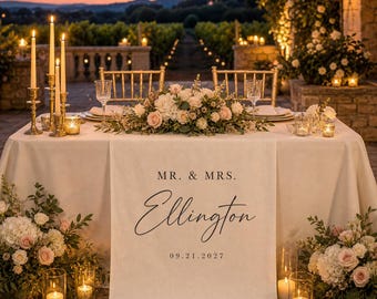 Personalized Linen Wedding Table Runner, Custom Last Name Banner for Sweetheart Table, Elegant Reception Fabric Sign Decor