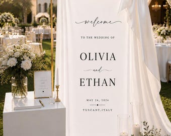 Custom Wedding Welcome Sign, Personalized Linen Wedding Banner with Names & Date, Fabric Ceremony Decor