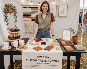 Custom Linen Table Runner with Logo | Personalized Wedding Banner | Rustic Market Booth Decor | Handmade Business Display Cloth