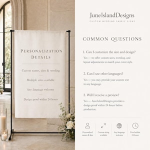 May include: A white fabric wedding sign hanging on a black metal stand. The sign features black text reading Personalisation Details, Custom names, date & wording, Multiple sizes available, Any language welcome, and Design proof within 24 hours.